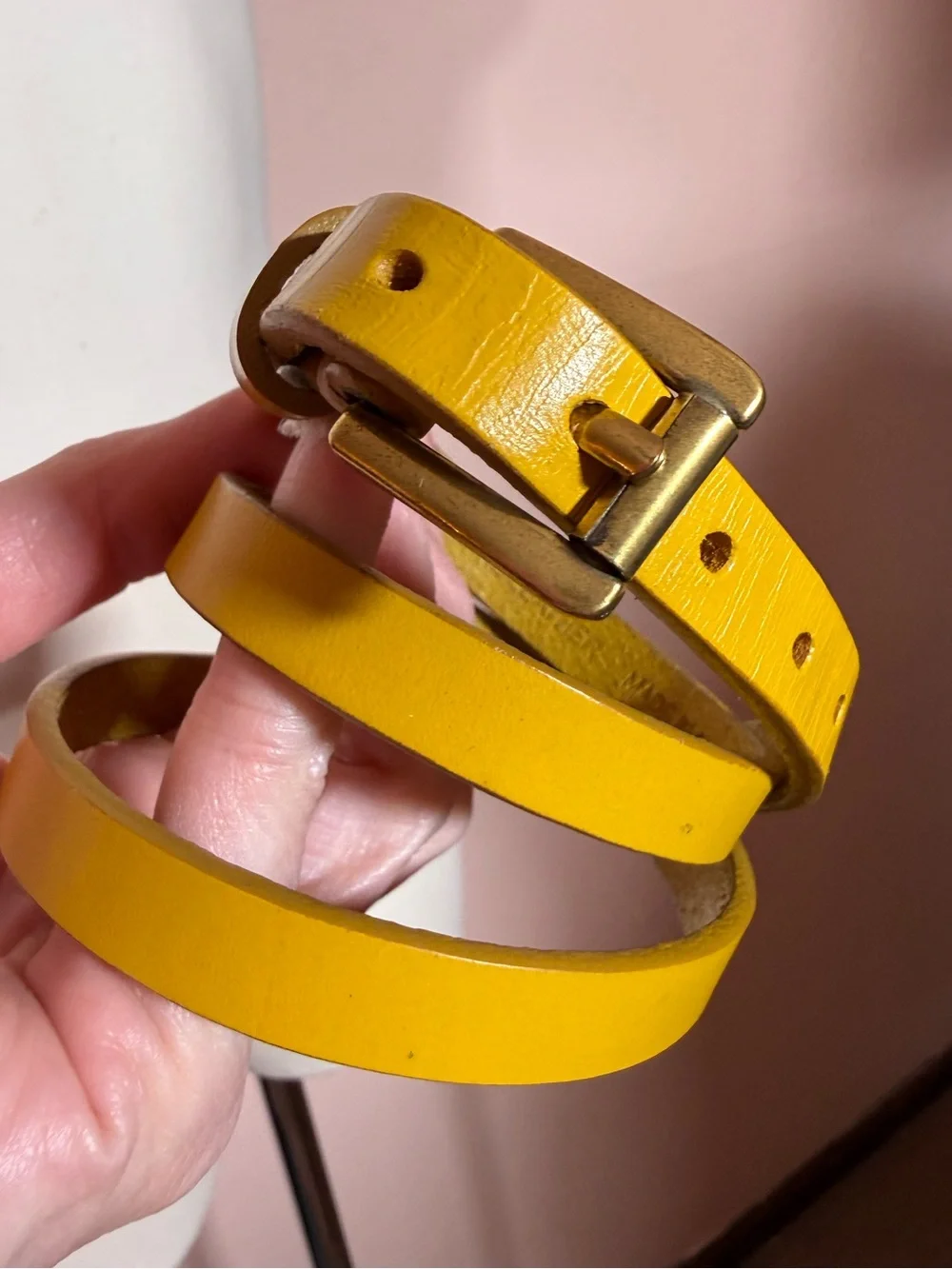 Vintage retro yellow leather minimalist ultra skinny Belt small medium